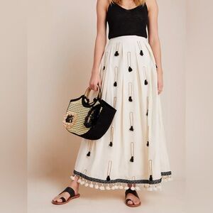 Anthropologie x Reynu Tandon Marlee Tassel Ivory Black Maxi Skirt Size Small